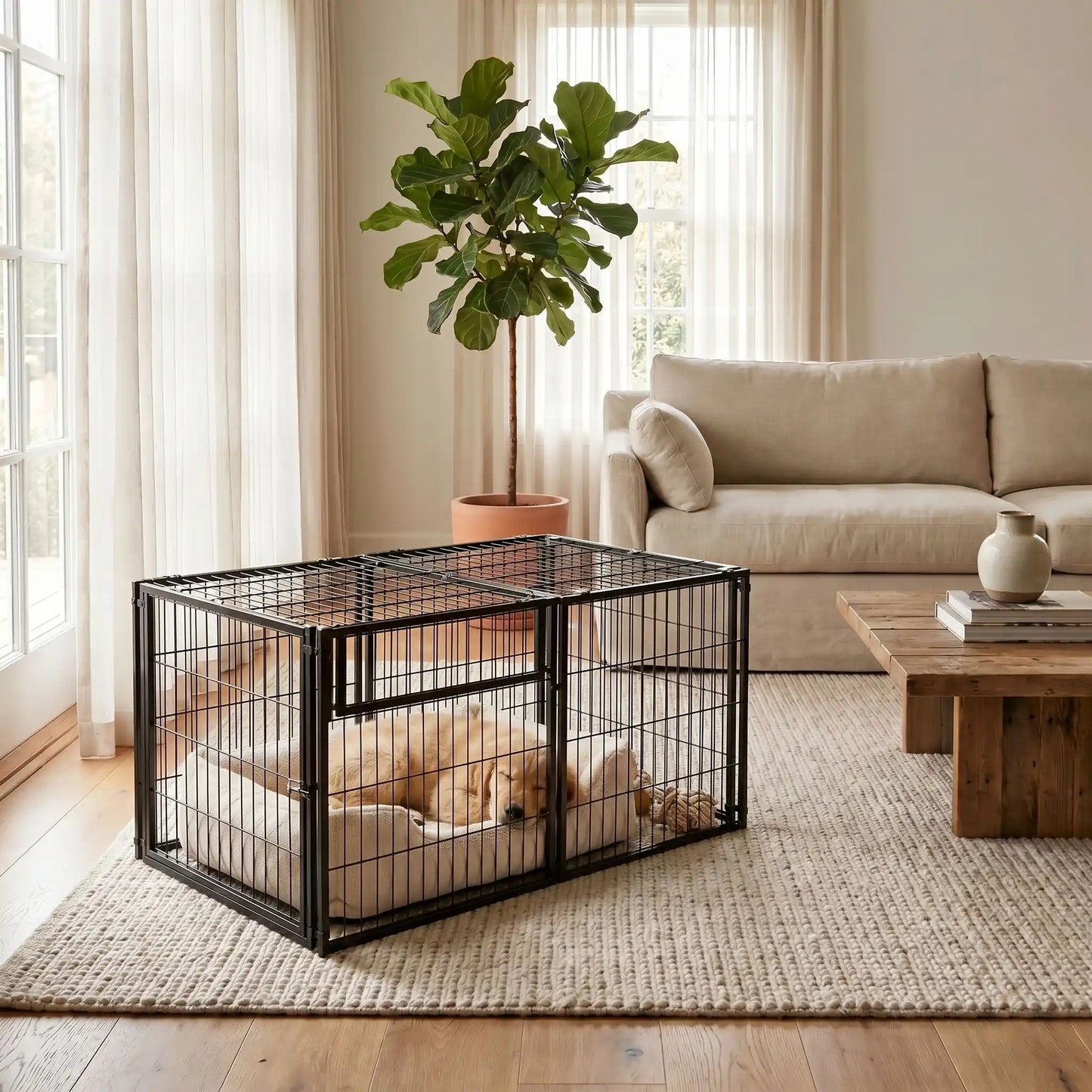 Cage-pour-chien-chiot-modulable-120-cm en acier inoxydable, porte sécurisé avec serrure robuste et anti évasion, porte adaptable en latéral ou sur le devant pour la placer partout, avec 1 plateau décoratif en pvc solide, transformable en parc ouvert sans toit, utilisable à l'intérieur et extérieur pour chien de petite à moyenne taille jusqu'à 30 kg, possibilité d'agrandir avec d'autre module-unchien de taille moyenne qui dort dans son panier dans la cage vérouillée dans le salon de la maison