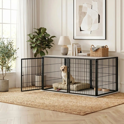Cage-pour-chien-chiot-modulable-120-cm en acier inoxydable, porte sécurisé avec serrure robuste et anti évasion, porte adaptable en latéral ou sur le devant pour la placer partout, avec 1 plateau décoratif en pvc solide, transformable en parc ouvert sans toit, utilisable à l'intérieur et extérieur pour chien de petite à moyenne taille jusqu'à 30 kg, possibilité d'agrandir avec d'autre module-un chiot de race moyenne assis sur son coussin dans la cage avec sa porte ouverte dans le salon de l'appartement