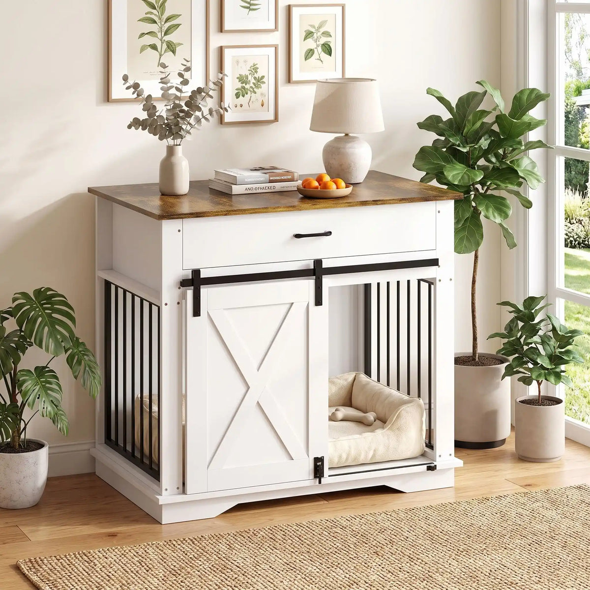 Cage-pour-chien-chiot-maison-meuble-bois-acier noir robuste, avec sa porte avant coulissante design grange avec serrure en acier, meuble  en bois naturel sur le plateau et en bois blanc robuste et décoratif adaptée au chiot et chien de petite à moyenne taille, meuble niche décoratif d'appoint-gros plan sur le meuble cage avec son couchage confortable pour chien et chiot en bois blanc et bois naturel avec sa porte design coulissante ouverte et acier noir inoxydable en meuble déco dans la chambre de la maison