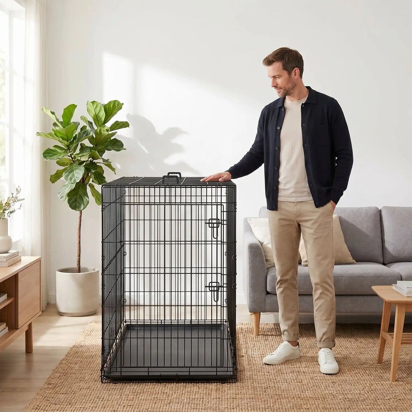 Cage-pour-chien-chiot- de grande  race, pliable à barreaux en acier solide et toit et fond amovible en plateau PVC de 3 cm de profondeur 100% imperméable et lavable, légère et transportable avec ses deux poignée de transport pour chiot et chien jusu'à 60 kilos max, 2 portes avec 7 serrures au total, une porte avant et une latérale-photo d'un homme debout à côté de la cage avec sa grande hauteur de 114 cm et de longueur de 122 cm, idéale pour les chiens de grande taille de 40 à 60 kilos pour un grand espace