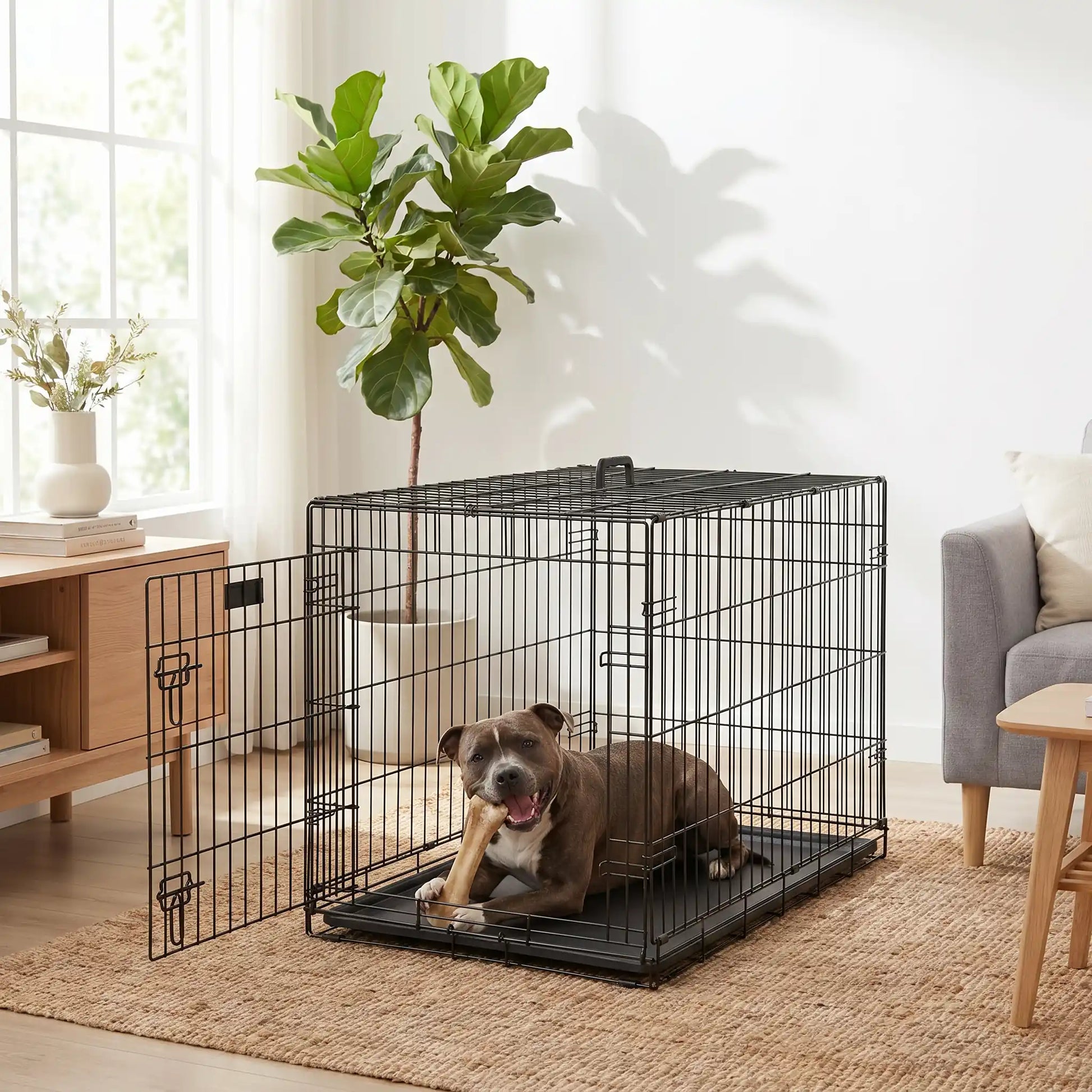 Cage-pour-chien-chiot- de grande  race, pliable à barreaux en acier solide et toit et fond amovible en plateau PVC de 3 cm de profondeur 100% imperméable et lavable, légère et transportable avec ses deux poignée de transport pour chiot et chien jusu'à 60 kilos max, 2 portes avec 7 serrures au total, une porte avant et une latérale-un chien de grande taille couché confortablement  qui mange son os dur dans sa cage solide avec plateau pvc et lavable résistant avec la porte latérale ouverte dans le salon