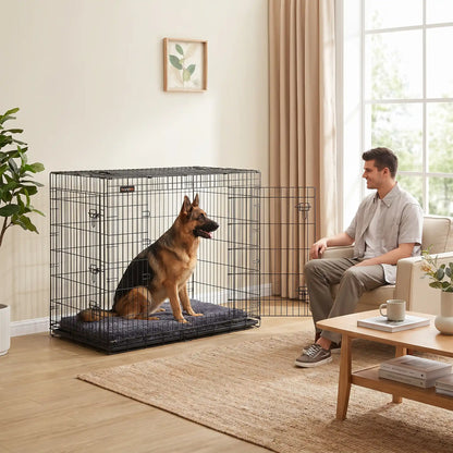 Cage-pour-chien-chiot- de grande  race, pliable à barreaux en acier solide et toit et fond amovible en plateau PVC de 3 cm de profondeur 100% imperméable et lavable, légère et transportable avec ses deux poignée de transport pour chiot et chien jusu'à 60 kilos max, 2 portes avec 7 serrures au total, une porte avant et une latérale-un chien de grande taille assis confortablement  dans sa cage solide avec plateau pvc et lavable avec la porte latérale ouverte qui fait connaissance avec son futur maitre