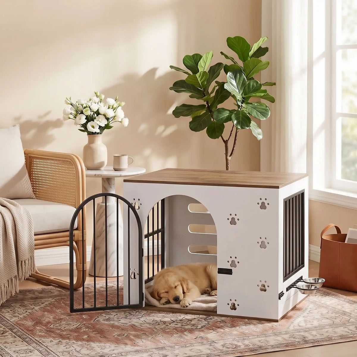 Cage-pour-chien-maison-chiot-niche en bois blanc et bois naturel design avec pattes de chiens sculptées sur les facades avant, facade arrière en bois avec grandes ouverture pour un effet ouvert sécurisant et aérée, grille sur le côté gauche et porte avant en barreaux acier noir inoxydable et ultra résistante avec serrure à loquet coulissant noir et côté droit en bois pour chiot et chien de 0-20 kg-un chiot qui dort paisiblement dans la cage, porte grille ouverte en déco dans le salon