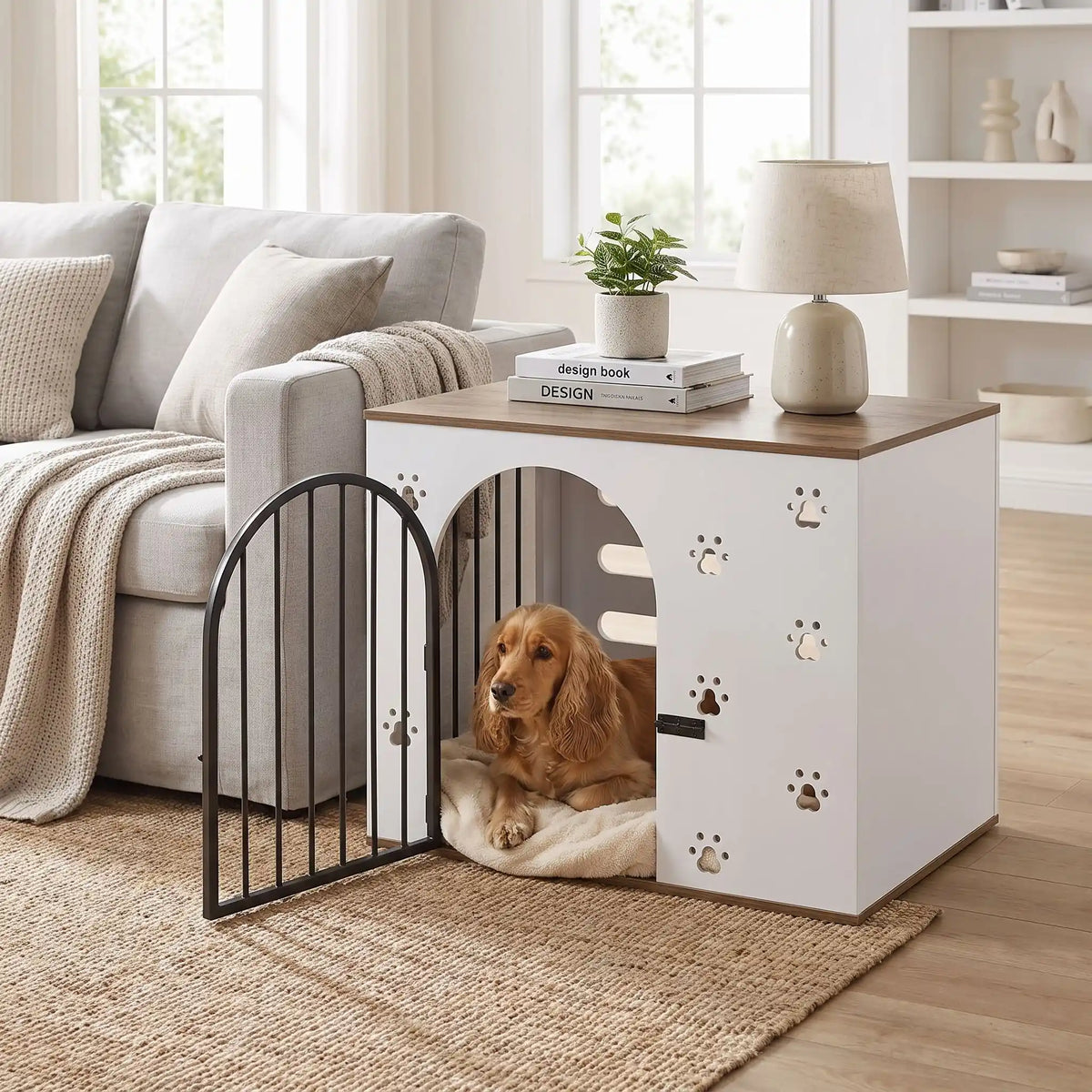 Cage-pour-chien-maison-chiot-niche en bois blanc et bois naturel design avec pattes de chiens sculptées sur les facades avant, facade arrière en bois avec grandes ouverture pour un effet ouvert sécurisant et aérée, grille sur le côté gauche et porte avant en barreaux acier noir inoxydable et ultra résistante avec serrure à loquet coulissant noir et côté droit en bois pour chiot et chien de 0-20 kg-un Cocker anglais couché confortablement dans la cage, porte grille ouverte en table d'appoint