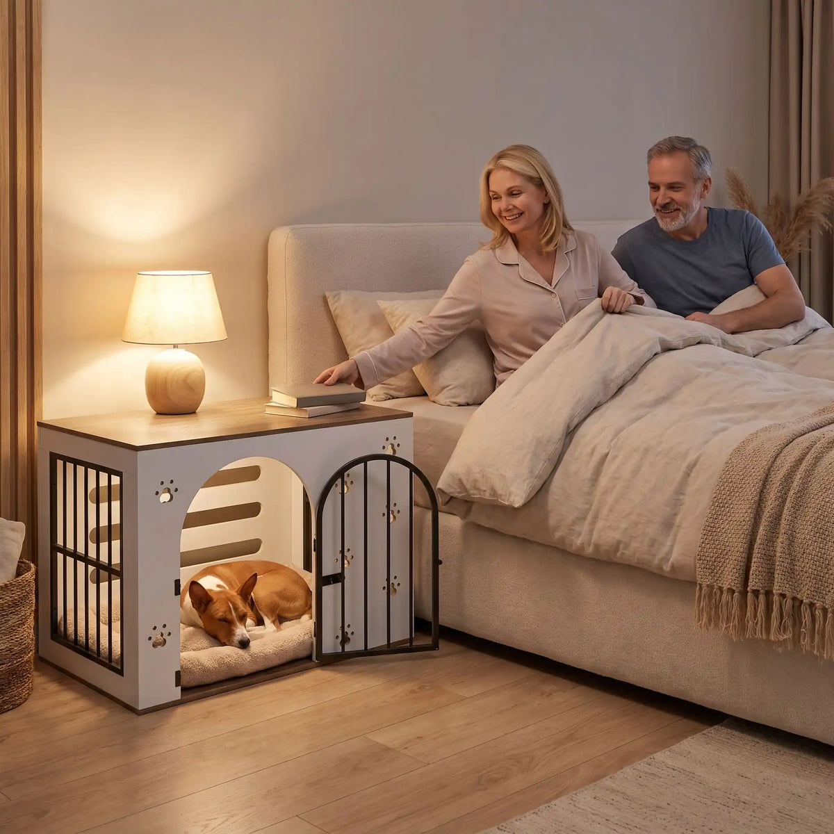 Cage-pour-chien-maison-chiot-niche en bois blanc et bois naturel design avec pattes de chiens sculptées sur les facades avant, facade arrière en bois avec grandes ouverture pour un effet ouvert sécurisant et aérée, grille sur le côté gauche et porte avant en barreaux acier noir inoxydable et ultra résistante avec serrure à loquet coulissant noir et côté droit en bois pour chiot et chien de 0-20 kg-un Basenji qui dort paisiblement niché dans la cage devenu devenu table de chevet à côté du lit de ses maitres 