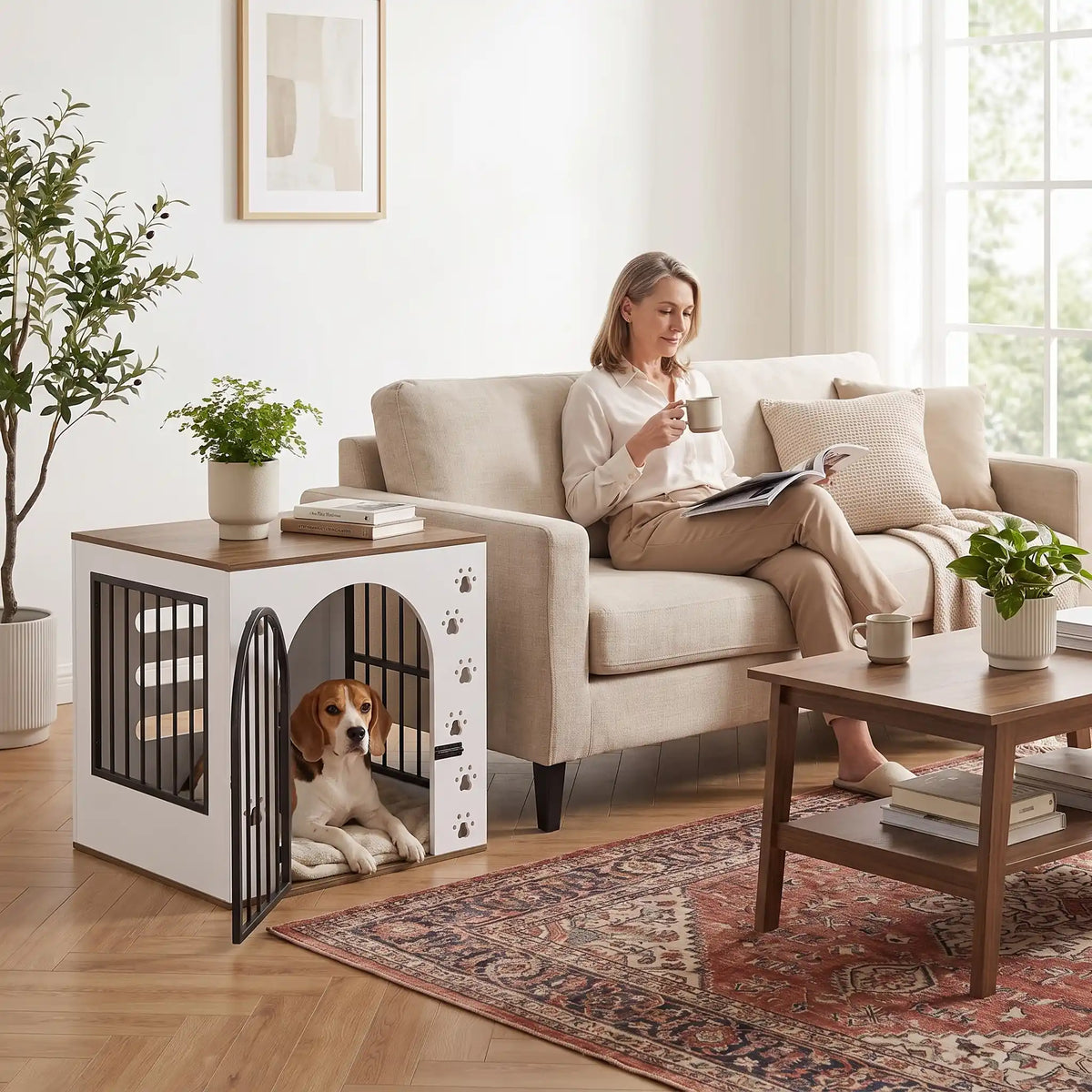 Cage-pour-chien-maison-chiot-niche en bois blanc et bois naturel design avec pattes de chiens sculptées sur les facades avant, facade arrière en bois avec grandes ouverture pour un effet ouvert sécurisant et aérée, grille sur le côté gauche et porte avant en barreaux acier noir inoxydable et ultra résistante avec serrure à loquet coulissant noir et côté droit en bois pour chiot et chien de 0-20 kg-un Beagle couché confortablement dans la cage, porte grille ouverte en table d'appoint à côté du canapé 