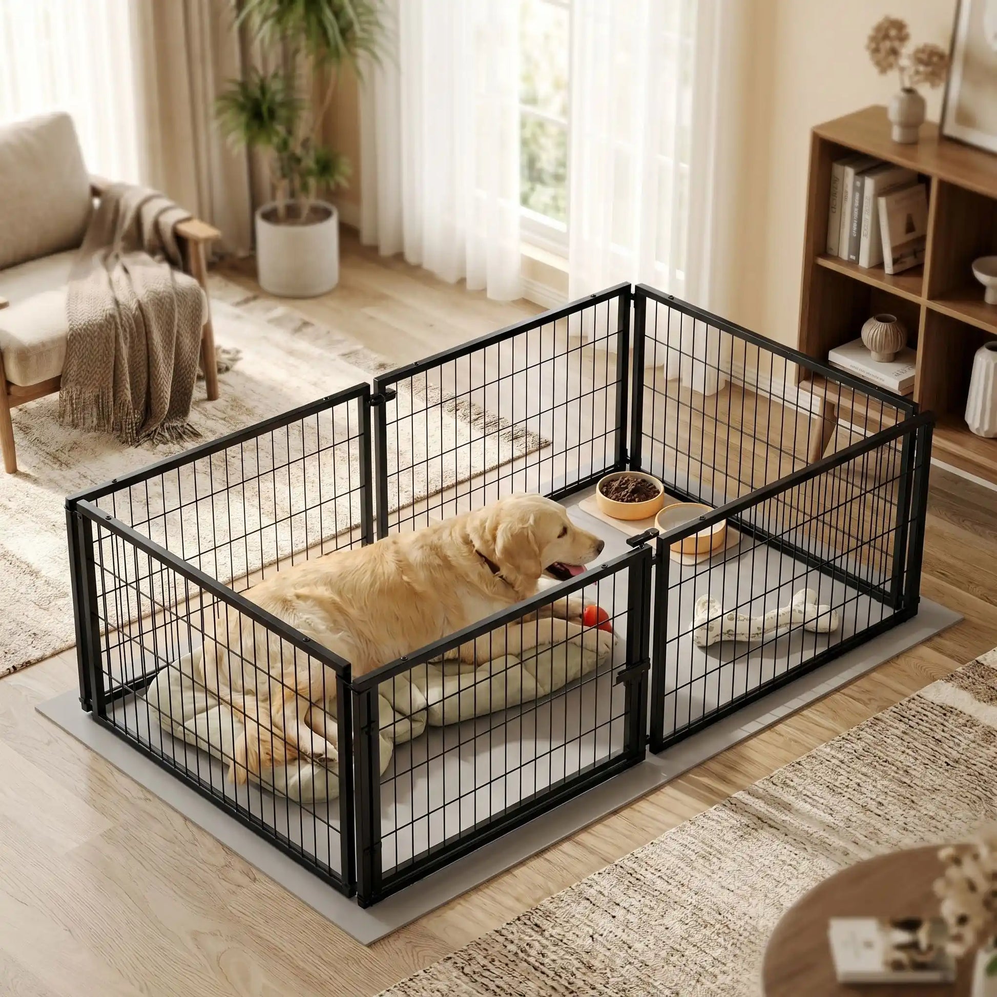 Cage-pour-chien-chiot-modulable-120-cm en acier inoxydable, porte sécurisé avec serrure robuste et anti évasion, porte adaptable en latéral ou sur le devant pour la placer partout, avec 1 plateau décoratif en pvc solide, transformable en parc ouvert sans toit, utilisable à l'intérieur et extérieur pour chien de petite à moyenne taille jusqu'à 30 kg, possibilité d'agrandir avec d'autre module-un chien moyen couché sur son lit dans la cage en version parc ouvert sans toit dans le salon de l'appartement