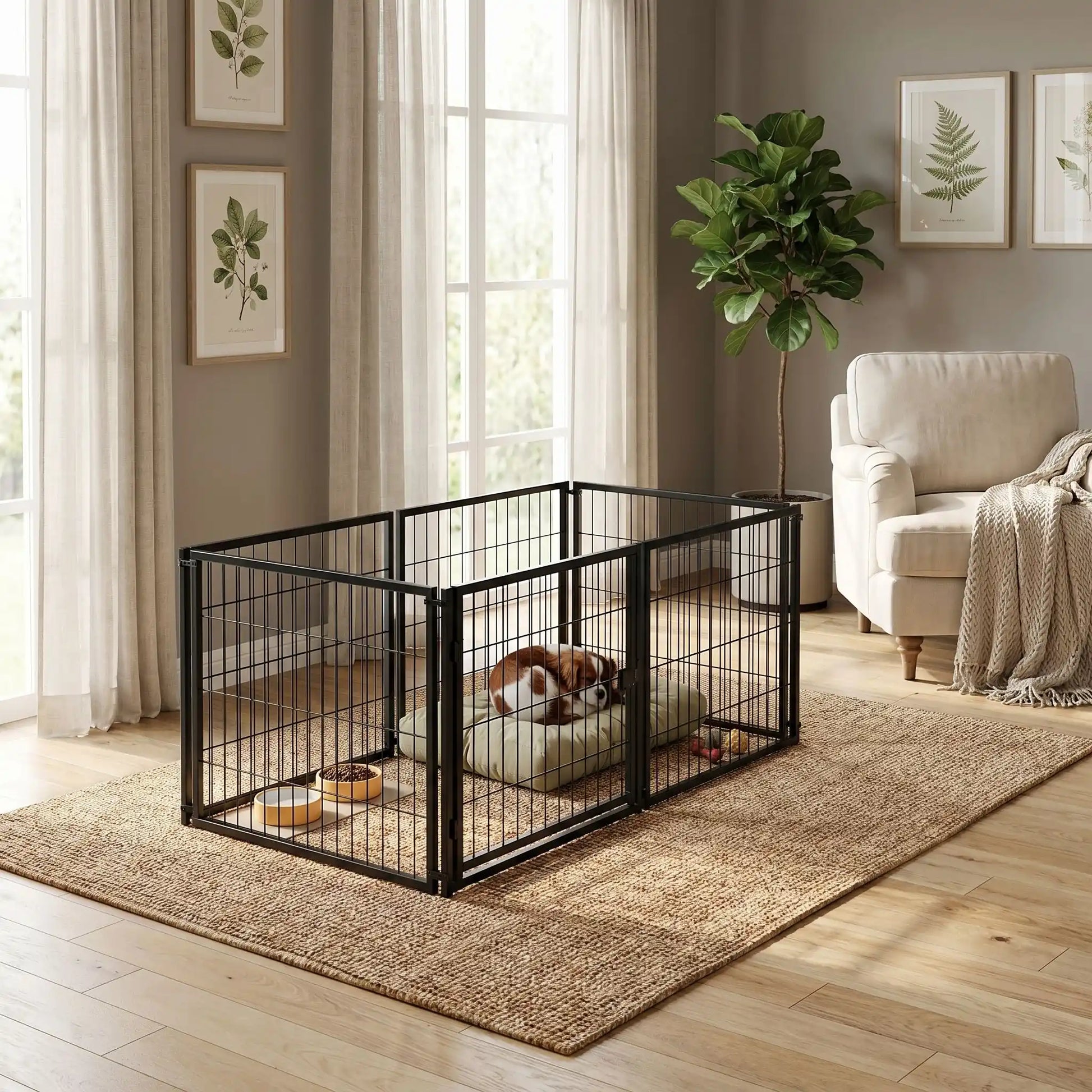 Cage-pour-chien-chiot-modulable-120-cm en acier inoxydable, porte sécurisé avec serrure robuste et anti évasion, porte adaptable en latéral ou sur le devant pour la placer partout, avec 1 plateau décoratif en pvc solide, transformable en parc ouvert sans toit, utilisable à l'intérieur et extérieur pour chien de petite à moyenne taille jusqu'à 30 kg, possibilité d'agrandir avec d'autre module-un chiot de taille moyenne qui dort sur son lit dans la cage en version parc ouvert sans toit dans le salon la maison