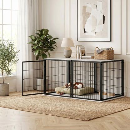 Cage-pour-chien-chiot-modulable-120-cm en acier inoxydable, porte sécurisé avec serrure robuste et anti évasion, porte adaptable en latéral ou sur le devant pour la placer partout, avec 1 plateau décoratif en pvc solide, transformable en parc ouvert sans toit, utilisable à l'intérieur et extérieur pour chien de petite à moyenne taille jusqu'à 30 kg, possibilité d'agrandir avec d'autre module-un chien de petite taille qui dort sur son coussin dans la cage verrouillée avec porte ouverte et  plateau pvc déco