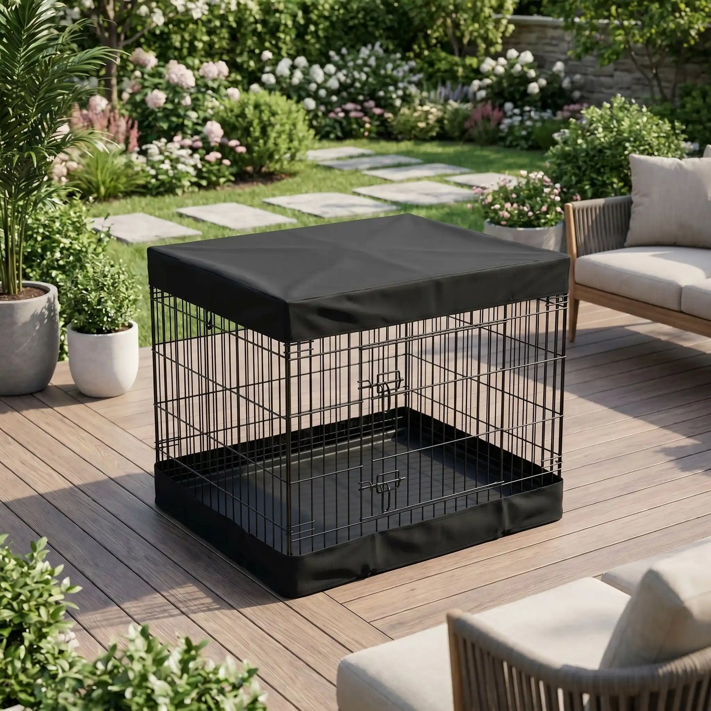 Cage-pour-chien-chiot- de petite à moyenne race, pliable à barreaux en acier carbone solide et toit et fond amovible en tissu oxford 100% imperméable et lavable, utilisation en intérieur et extérieur, légère et transportable pour chiot et chien de 0 à 15 kilos-gros plan sur les barreaux de la cage solide avec fond en tissu résistant et sur le toit, en version cage fermée avec la porte verrouillée avec deux loquets de sécurité sur la terrasse du jardin de la maison