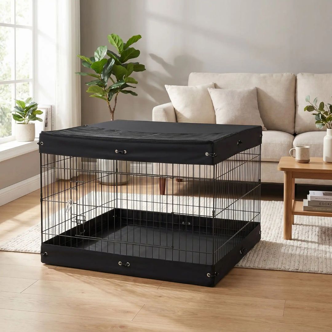 Cage-pour-chien-chiot- de petite à moyenne race, pliable à barreaux en acier carbone solide et toit et fond amovible en tissu oxford 100% imperméable et lavable, utilisation en intérieur et extérieur, légère et transportable pour chiot et chien de 0 à 15 kilos-gros plan sur les barreaux de la cage solide avec fond en tissu résistant et sur le toit, en version cage fermée avec multiples attaches solides et sa large porte verrouillée avec deux loquets de sécurité dans le salon de la maison