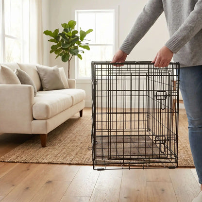 Cage-pour-chien-chiot- de petite à moyenne race, pliable à barreaux en acier carbone solide et toit et fond amovible en tissu oxford 100% imperméable et lavable, utilisation en intérieur et extérieur, légère et transportable pour chiot et chien de 0 à 15 kilos-gros plan sur le mùaitre qui installe la cage pour son chiot dans le salon de l'appartement