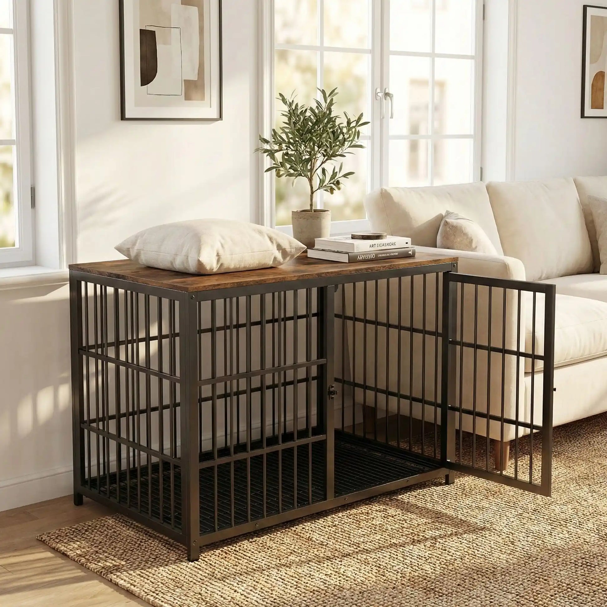 Cage-pour-chien-xxl-bois-chêne-acier-3 portes avec verrou-module combinable pour une cage sur mesure-en bois et acier robuste-meuble niche de décoration et couchage pour chien de toutes tailles -cage intérieur en bois naturel et grilles noir en acier 
