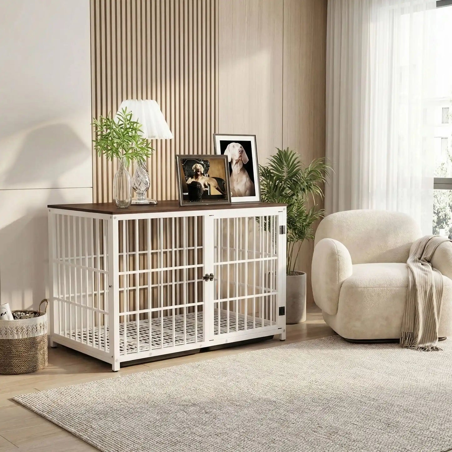 Cage-pour-chien-xxl-bois-chêne-acier-3 portes avec verrou-module combinable pour une cage sur mesure-en bois et acier robuste-meuble niche de décoration et couchage pour chien de toutes tailles -cage intérieur en bois naturel et grilles noir en acier-design moderne et industriel