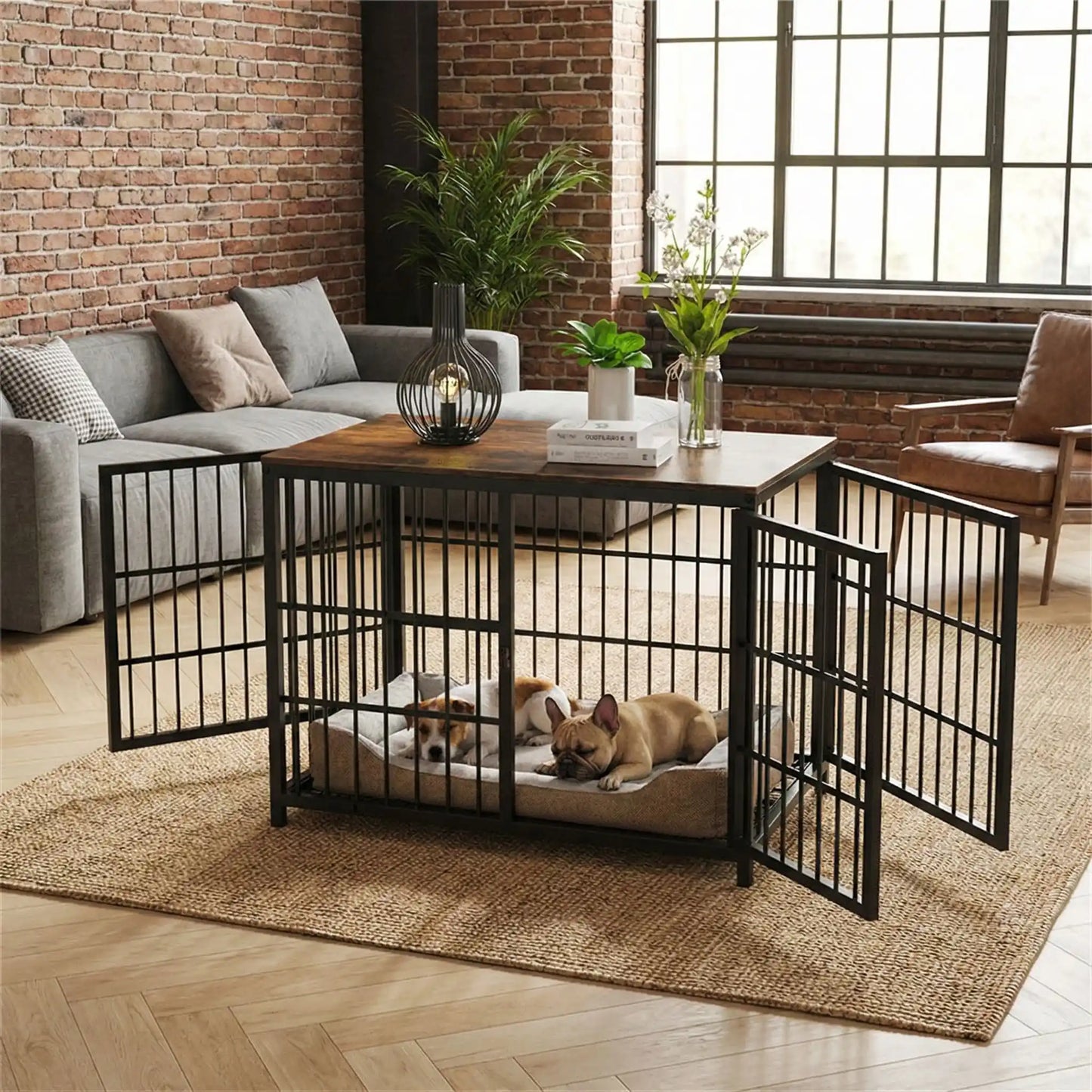 Cage-pour-chien-xxl-bois-chêne-acier-3 portes avec verrou-module combinable pour une cage sur mesure-en bois et acier robuste-meuble niche de décoration et couchage pour chien de toutes tailles -cage intérieur en bois naturel et grilles noir en acier-deux petits chien qui dorment paisiblement dans leur cage intérieur, portes ouvertes au design meuble en bois naturel dans le salon de la maison