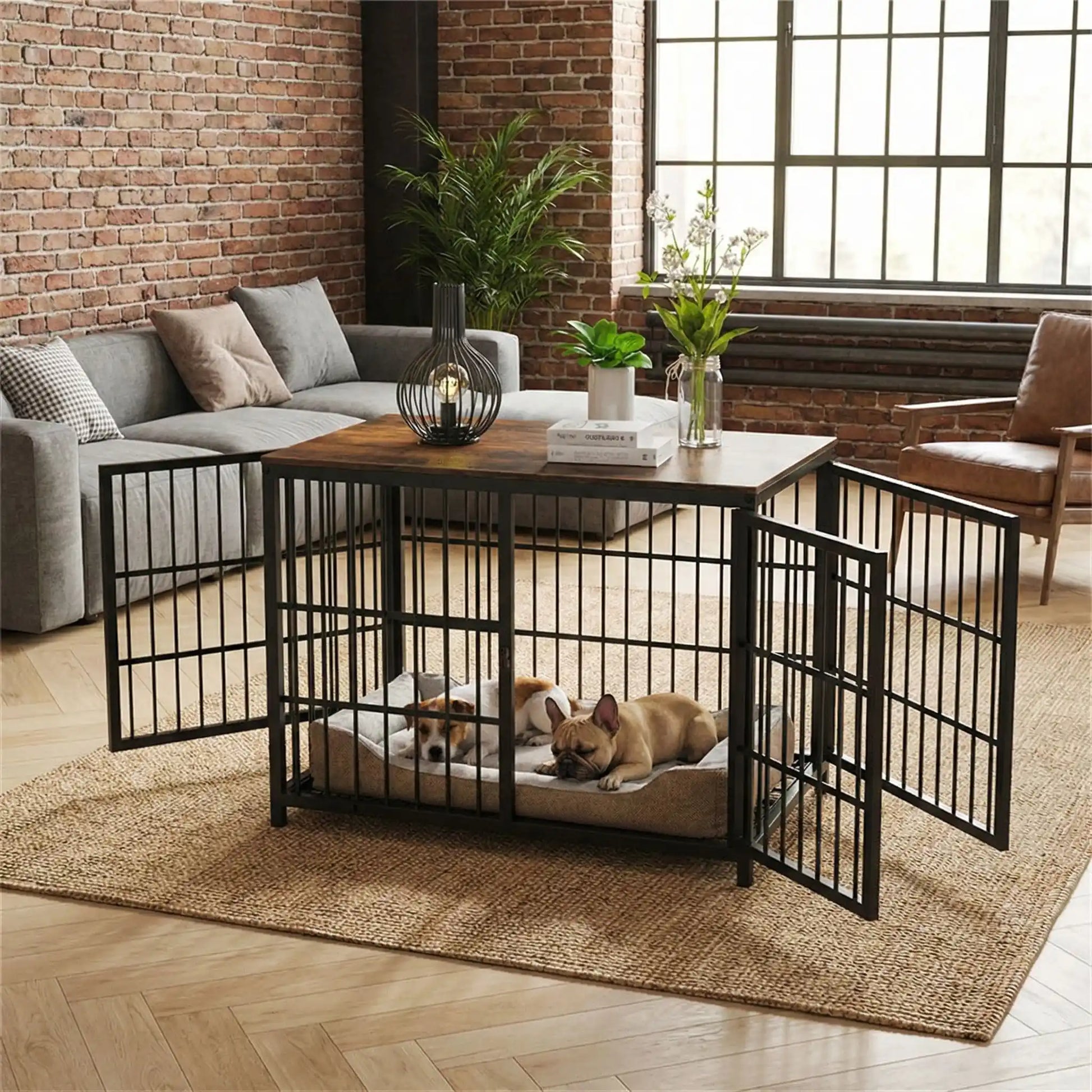 Cage-pour-chien-xxl-bois-chêne-acier-3 portes avec verrou-module combinable pour une cage sur mesure-en bois et acier robuste-meuble niche de décoration et couchage pour chien de toutes tailles -cage intérieur en bois naturel et grilles noir en acier-deux petits chien qui dorment paisiblement dans leur cage intérieur, portes ouvertes au design meuble en bois naturel dans le salon de la maison