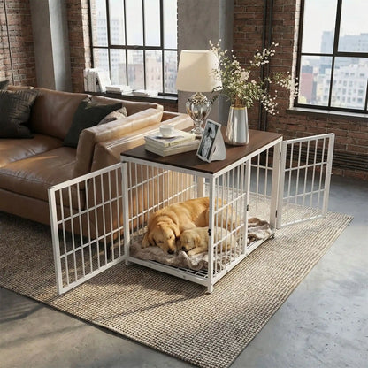 Cage-pour-chien-xxl-bois-chêne-acier-3 portes avec verrou-module combinable pour une cage sur mesure-en bois et acier robuste-meuble niche de décoration et couchage pour chien de toutes tailles -cage intérieur en bois naturel et grilles noir en acier-un Golden retriever qui dort paisiblement avec son chiot dans sa cage intérieur au design meuble en bois naturel dans le salon du loft moderne