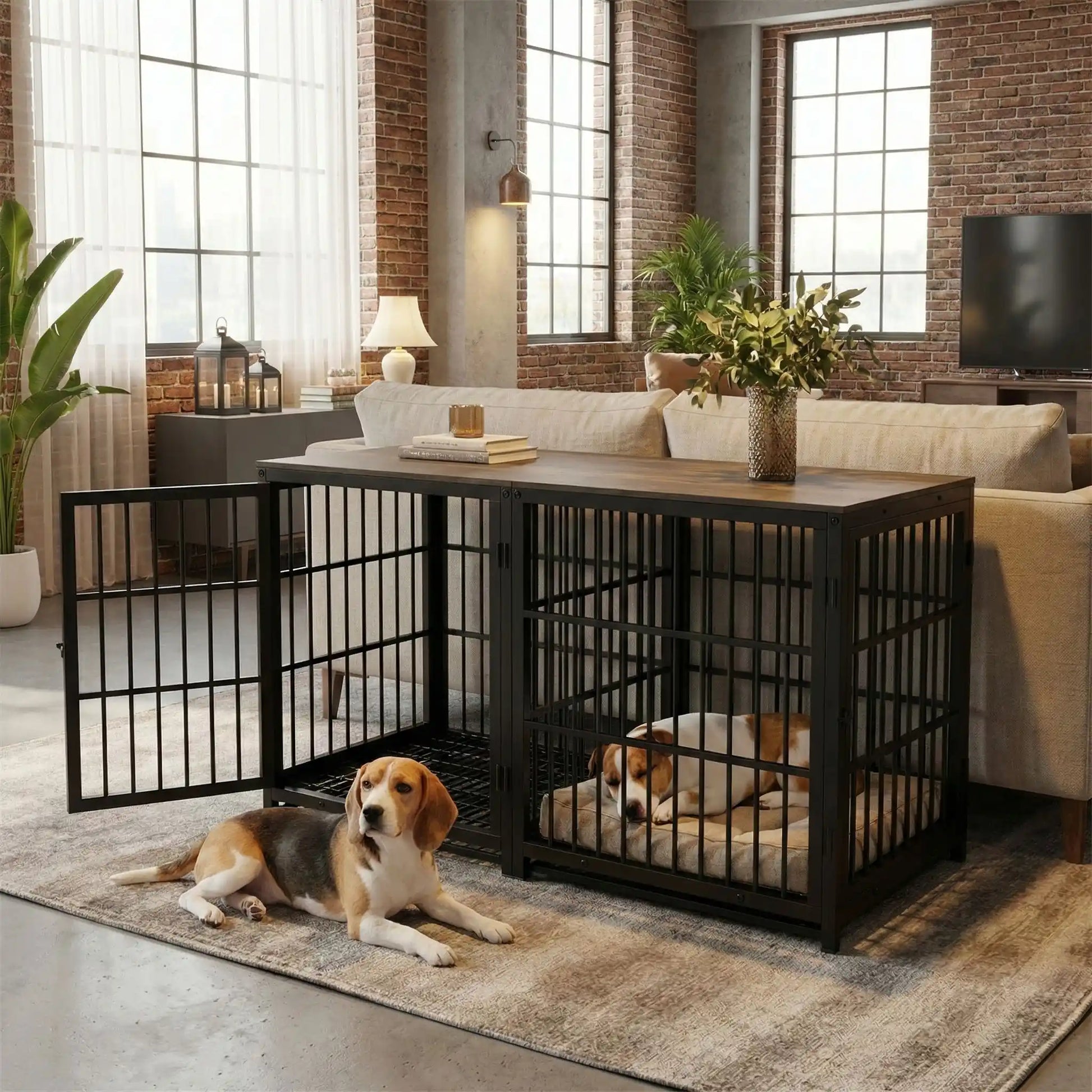 Cage-pour-chien-xxl-bois-chêne-acier-3 portes avec verrou-module combinable pour une cage sur mesure-en bois et acier robuste-meuble niche de décoration et couchage pour chien de toutes tailles -cage intérieur en bois naturel et grilles noir en acier-deux beagles confortablement couché et heureux dans leur cage intérieur avec les portes ouvertes au design meuble en bois naturel dans le salon de l'appartement