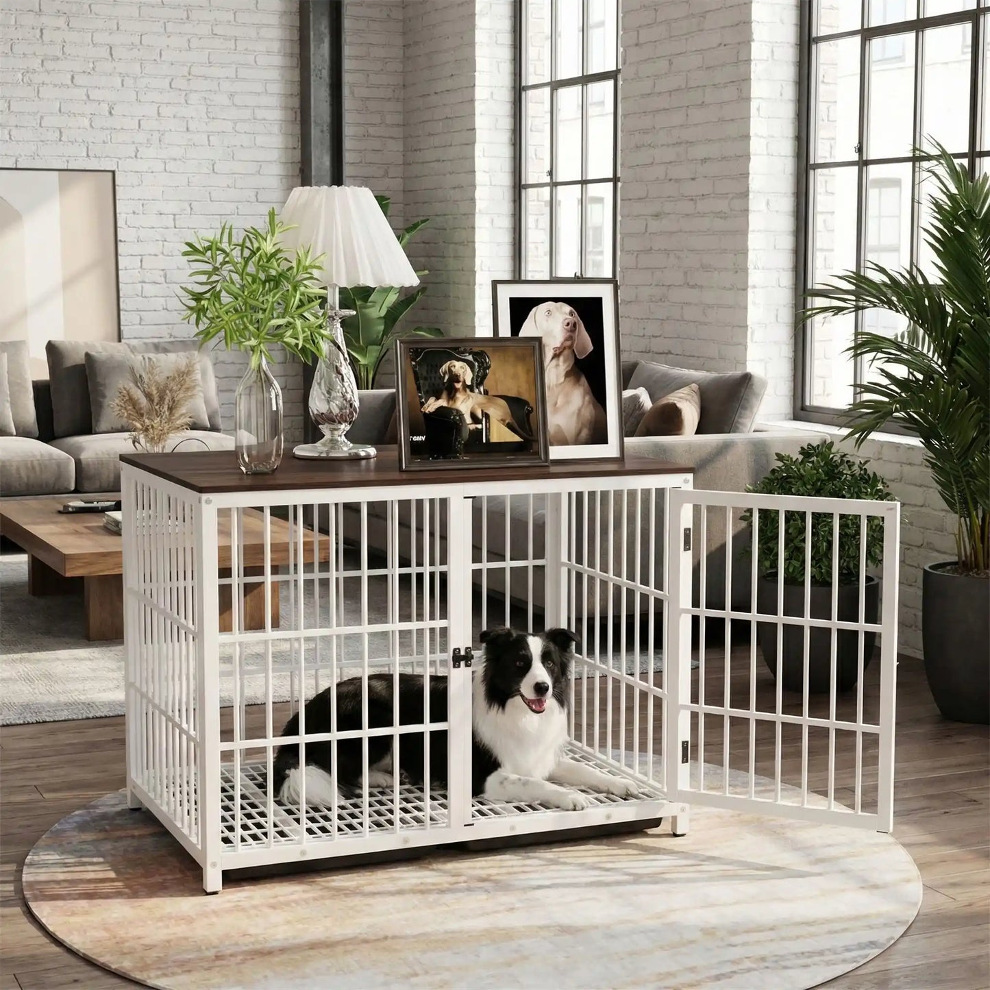 Cage-pour-chien-xxl-bois-chêne-acier-3 portes avec verrou-module combinable pour une cage sur mesure-en bois et acier robuste-meuble niche de décoration et couchage pour chien de toutes tailles -cage intérieur en bois naturel et grilles noir en acier-un Border Collie confortablement couché et heureux dans sa cage intérieur au design meuble en bois naturel dans le salon de l'appartement