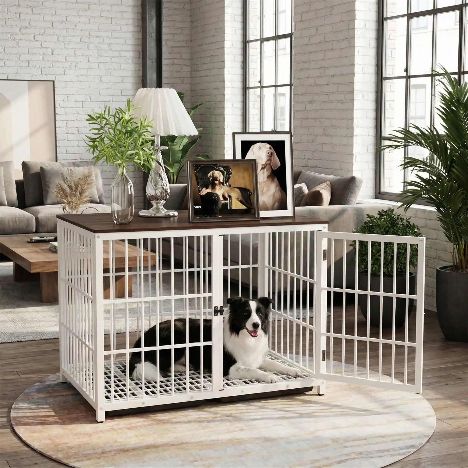 Cage-pour-chien-xxl-bois-chêne-acier-3 portes avec verrou-module combinable pour une cage sur mesure-en bois et acier robuste-meuble niche de décoration et couchage pour chien de toutes tailles -cage intérieur en bois naturel et grilles noir en acier-un Border Collie confortablement couché et heureux dans sa cage intérieur au design meuble en bois naturel dans le salon de l'appartement
