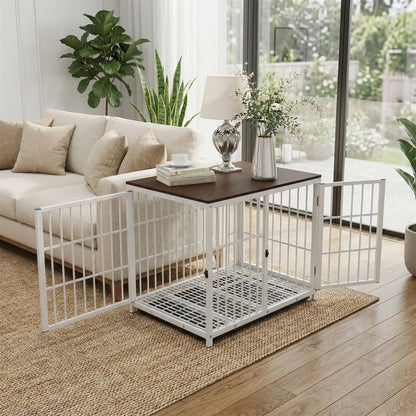 Cage-pour-chien-xxl-bois-chêne-acier-3 portes avec verrou-module combinable pour une cage sur mesure-en bois et acier robuste-meuble niche de décoration et couchage pour chien de toutes tailles -cage intérieur en bois naturel et grilles noir en acier-en bois de chêne et acier blanc