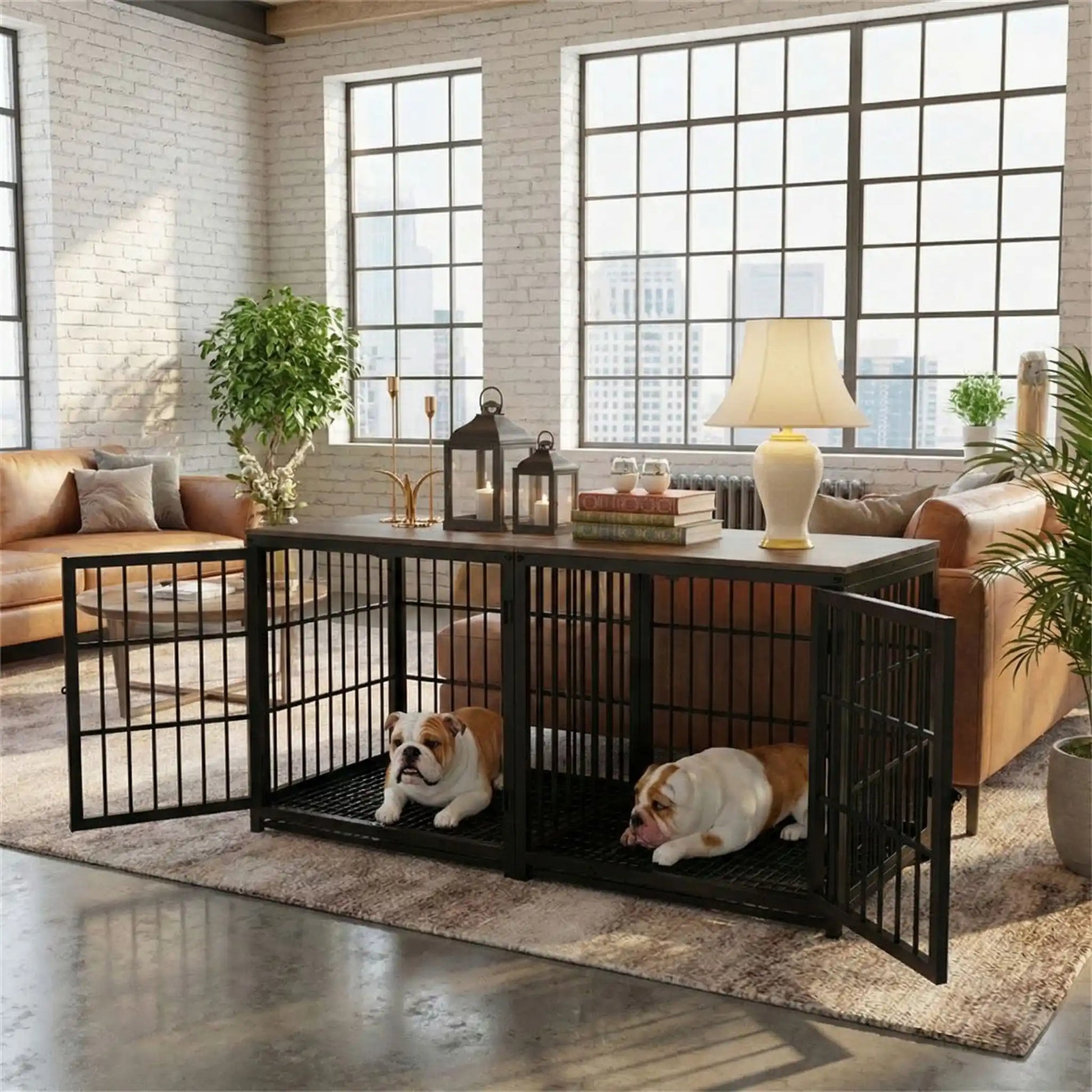 Cage-pour-chien-xxl-bois-chêne-acier-3 portes avec verrou-module combinable pour une cage sur mesure-en bois et acier robuste-meuble niche de décoration et couchage pour chien de toutes tailles -cage intérieur en bois naturel et grilles noir en acier-deux chien de race moyenne confortablement couché et heureux dans leur cage, deux modules assemblées; intérieur au design meuble en bois naturel dans le salon de la maison