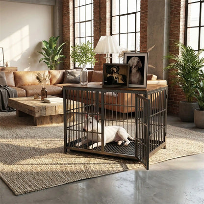 Cage-pour-chien-xxl-bois-chêne-acier-3 portes avec verrou-module combinable pour une cage sur mesure-en bois et acier robuste-meuble niche de décoration et couchage pour chien de toutes tailles -cage intérieur en bois naturel et grilles noir en acier-un chien moyen confortablement couché et heureux dans sa cage intérieur au design meuble en bois naturel dans le salon du loft
