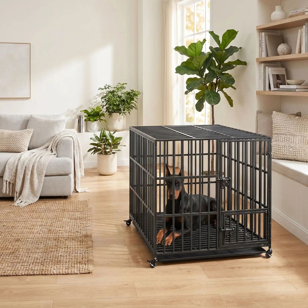 Cage-chien-interieur-indestructibl, solide, anti mastication et anti évasion, en acier carbone inoxydable, barreaux épais rectangulaire pour une solidité maximale, serrure renforcée, ouverture par porte avant et porte sur le toit, fond en renforcée par une barre au milieu et plateau anti-salissures amovible sur 4 roues rotatives 360° pour un déplacement facile, taille xxl pour chien jusqu'à 70 kg-un dobermann couché confortablement dans sa cage xxl noir à barreaux renforcés dans le salon de la maison