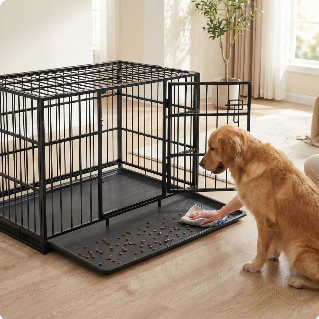 Cage-chien-interieur-indestructibl, solide, anti mastication et anti évasion, en acier carbone inoxydable, barreaux épais rectangulaire pour une solidité maximale, serrure renforcée, ouverture par porte avant et porte sur le toit, fond en renforcée par une barre au milieu et plateau anti-salissures amovible sur 4 roues rotatives 360° pour un déplacement facile, taille xxl pour chien jusqu'à 70 kg-une propriétaire de chien qui tire sur le plateau amovible pour nettoyer les saletés en un seul geste