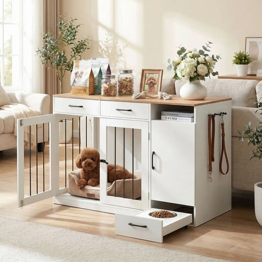 Meuble-cage-pour-chien-petit et moyenne taille-cage de 87 cm en bois foncé et blanc, 2 portes avant en barreaux acier robuste et serrure de sécurité avec deux tiroirs de rangement,une étagère intégrée et un placard de rangement, plus 3 porte laisse, collier intégré, et tiroir à roulette pour support de station d'alimentation  incluant 2 gamelles inox surélevée, bois imperméable et peinture anti-rayure-un caniche couché dans son panier et dans la cage du meuble avec la station d'alimentation ouverte