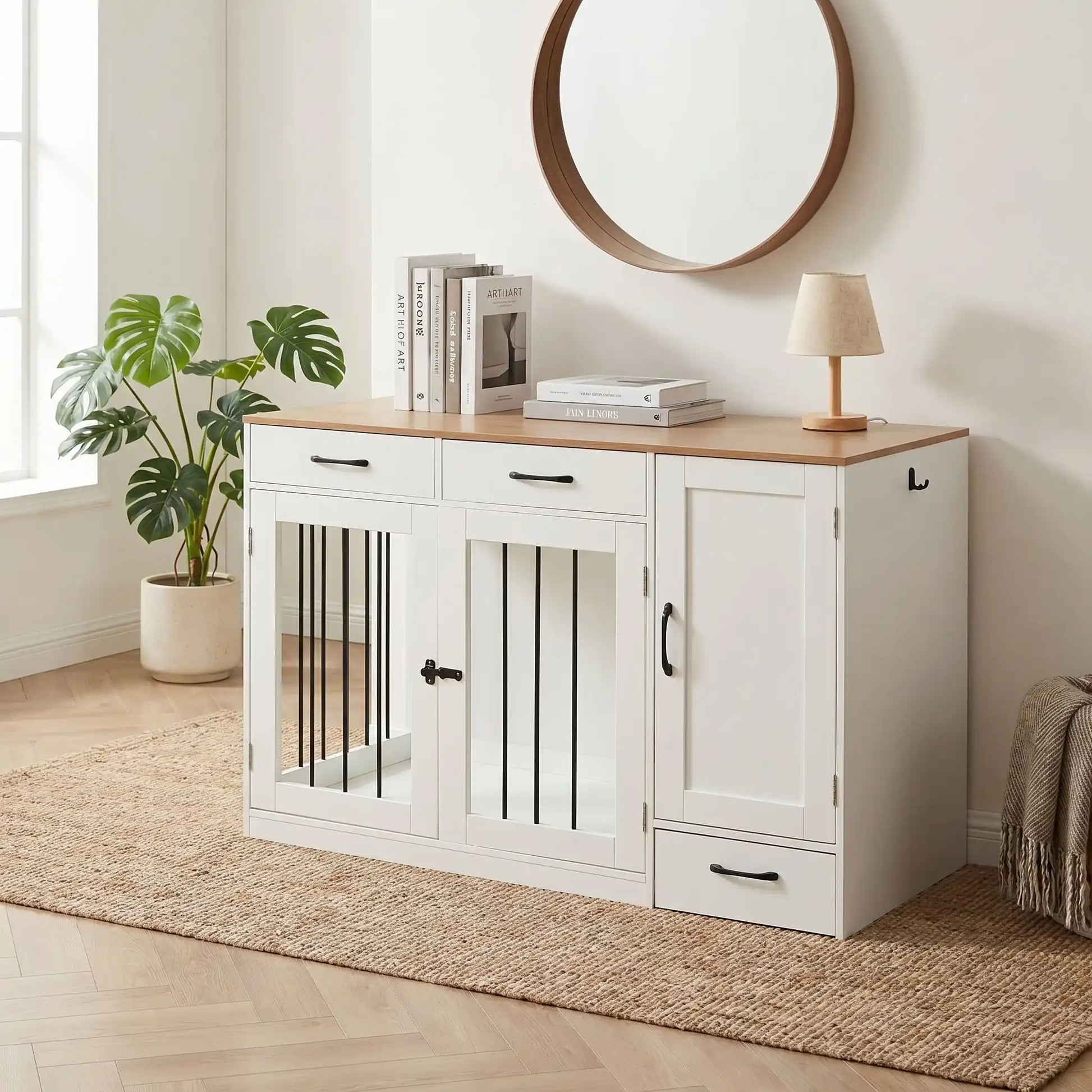 Meuble-cage-pour-chien-petit et moyenne taille-cage de 87 cm en bois foncé et blanc, 2 portes avant en barreaux acier robuste et serrure de sécurité avec deux tiroirs de rangement,une étagère intégrée et un placard de rangement, plus 3 porte laisse, collier intégré, et tiroir à roulette pour support de station d'alimentation  incluant 2 gamelles inox surélevée, bois imperméable et peinture anti-rayure-gros plan sur le meuble cage fermée par la serrure et placard, 2 tiroirs et station d'alimentation fermée 