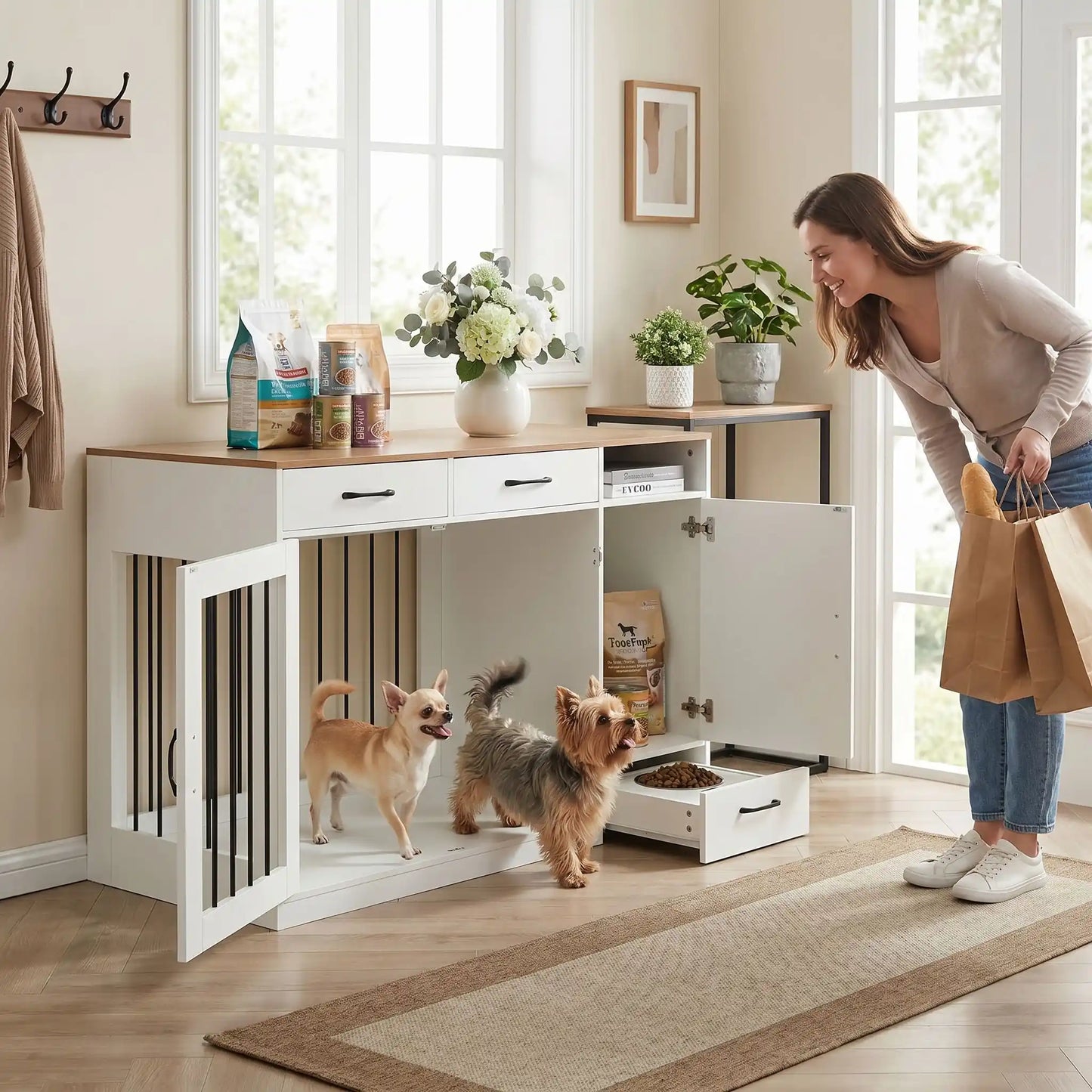 Meuble-cage-pour-chien-petit et moyenne taille-cage de 87 cm en bois foncé et blanc, 2 portes avant en barreaux acier robuste et serrure de sécurité avec deux tiroirs de rangement,une étagère intégrée et un placard de rangement, plus 3 porte laisse, collier intégré, et tiroir à roulette pour support de station d'alimentation  incluant 2 gamelles inox surélevée, bois imperméable et peinture anti-rayure-deux petit chien qui sorte de la cage pour accueillir leur maitresse qui revient des courses souriante