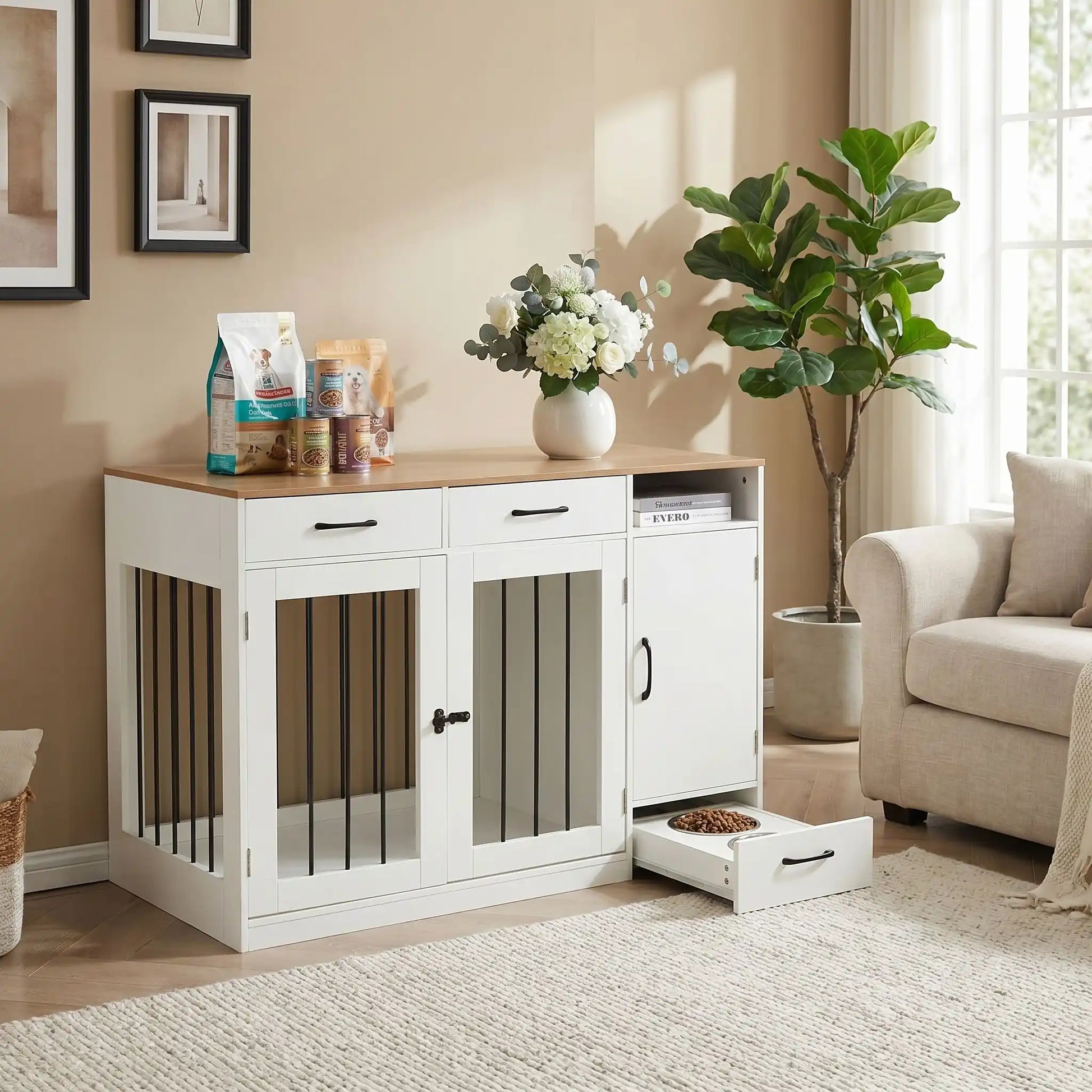Meuble-cage-pour-chien-petit et moyenne taille-cage de 87 cm en bois foncé et blanc, 2 portes avant en barreaux acier robuste et serrure de sécurité avec deux tiroirs de rangement,une étagère intégrée et un placard de rangement, plus 3 porte laisse, collier intégré, et tiroir à roulette pour support de station d'alimentation  incluant 2 gamelles inox surélevée, bois imperméable et peinture anti-rayure-gros plan sur la station d'alimentation ouverte, tiroir ou son intégré les 2 gamelles inox surélevés