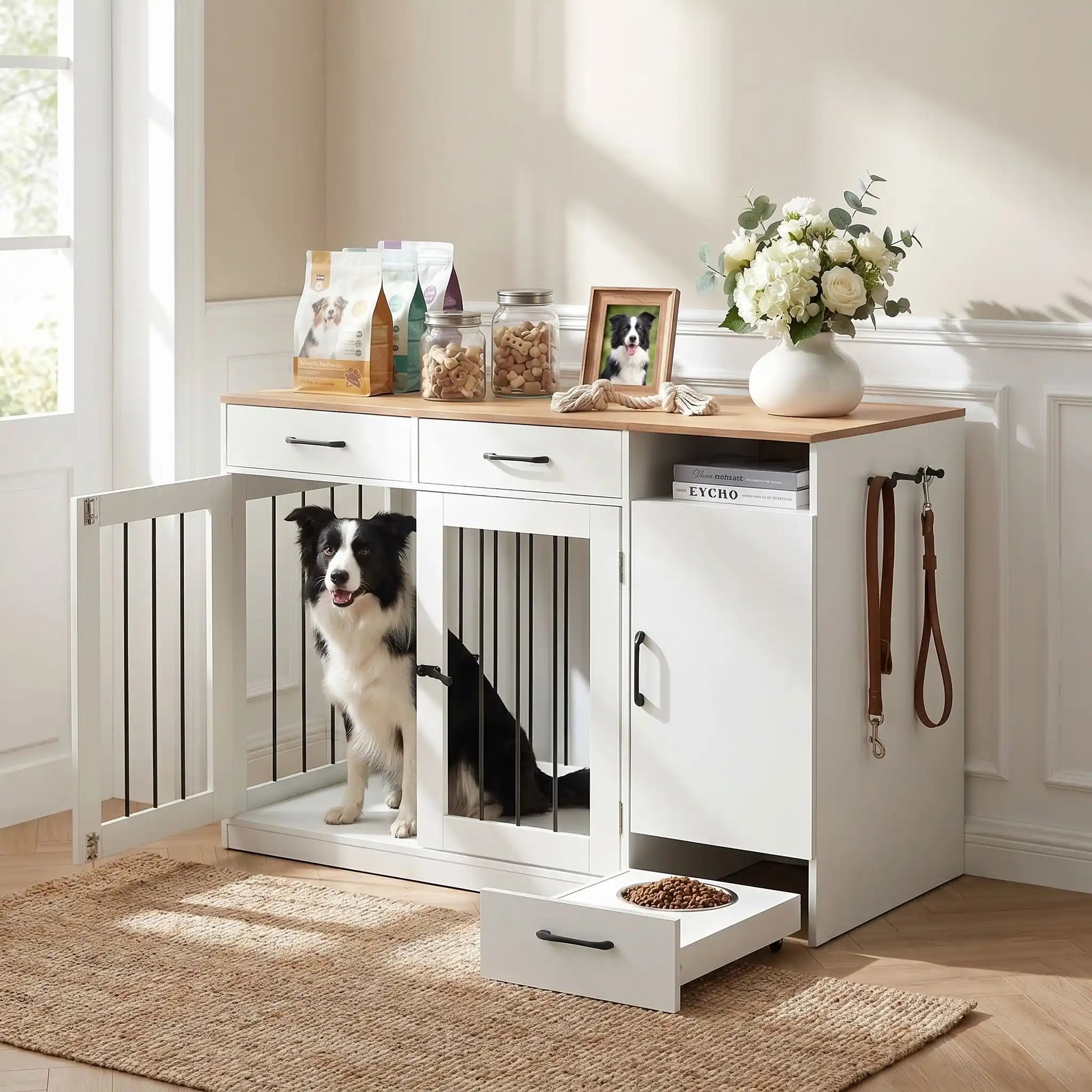 Meuble-cage-pour-chien-petit et moyenne taille-cage de 87 cm en bois foncé et blanc, 2 portes avant en barreaux acier robuste et serrure de sécurité avec deux tiroirs de rangement,une étagère intégrée et un placard de rangement, plus 3 porte laisse, collier intégré, et tiroir à roulette pour support de station d'alimentation  incluant 2 gamelles inox surélevée, bois imperméable et peinture anti-rayure-un border collie assis dans le meuble avec tiroirs et placard et les 2 gamelles inox et laisses accrochés 