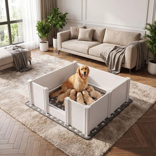 Caisse-de-mise-bas-chien 122x122 cm en PVC imperméable et robuste, entretien facile de couleur blanc et son entrée de 3 hauteur 15/30/46 cm, montage facile rapide sans outil avec son tapis absorbant de 136x136 gris avec motif os et pattes de chien blanches-un chien de grande race avec entrée ajustée pour un accès facile pour elle et sécurisante pour les chiots qui allaite sur le tapis absorbant doux  dans la caisse de mise bas PVC dans le salon de l'appartement