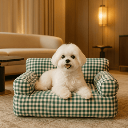 Canapé-petit-chien-carreaux-vichy-vert-et-blanc-100% coton haute densité-entièrement déhoussable et lavable en machine-antidérapant-couchage 4 saisons-respirant en été en tissu coton-chaud en été avec 2 accoudoirs cylindrique et dossier rembourrés pour chiot et chien de petite taille de 0 à 10 kg-un petit chien couché confortablement et heureux sur son canapé douillet et moelleux dans le salon de la maison