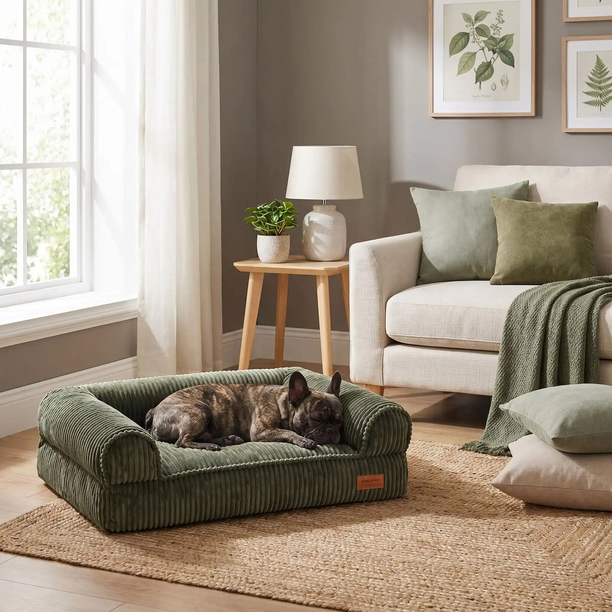 Canapé-petit-chien-chiot-lit avec housse velours résistant aux griffes, ultra doux, entièrement déhoussable et lavable en machine, rembourrage 100% coton PP et housse 100% imperméable avec son fond antidérapant pour chiot et chien de petite à moyenne taille de 0 à 15 kilos-un Bouledogue français qui dort paisiblement dans son canapé lit ergonomique en velours doux de couleur vert olive de style anglais chic dans le salon cosy de l'appartement
