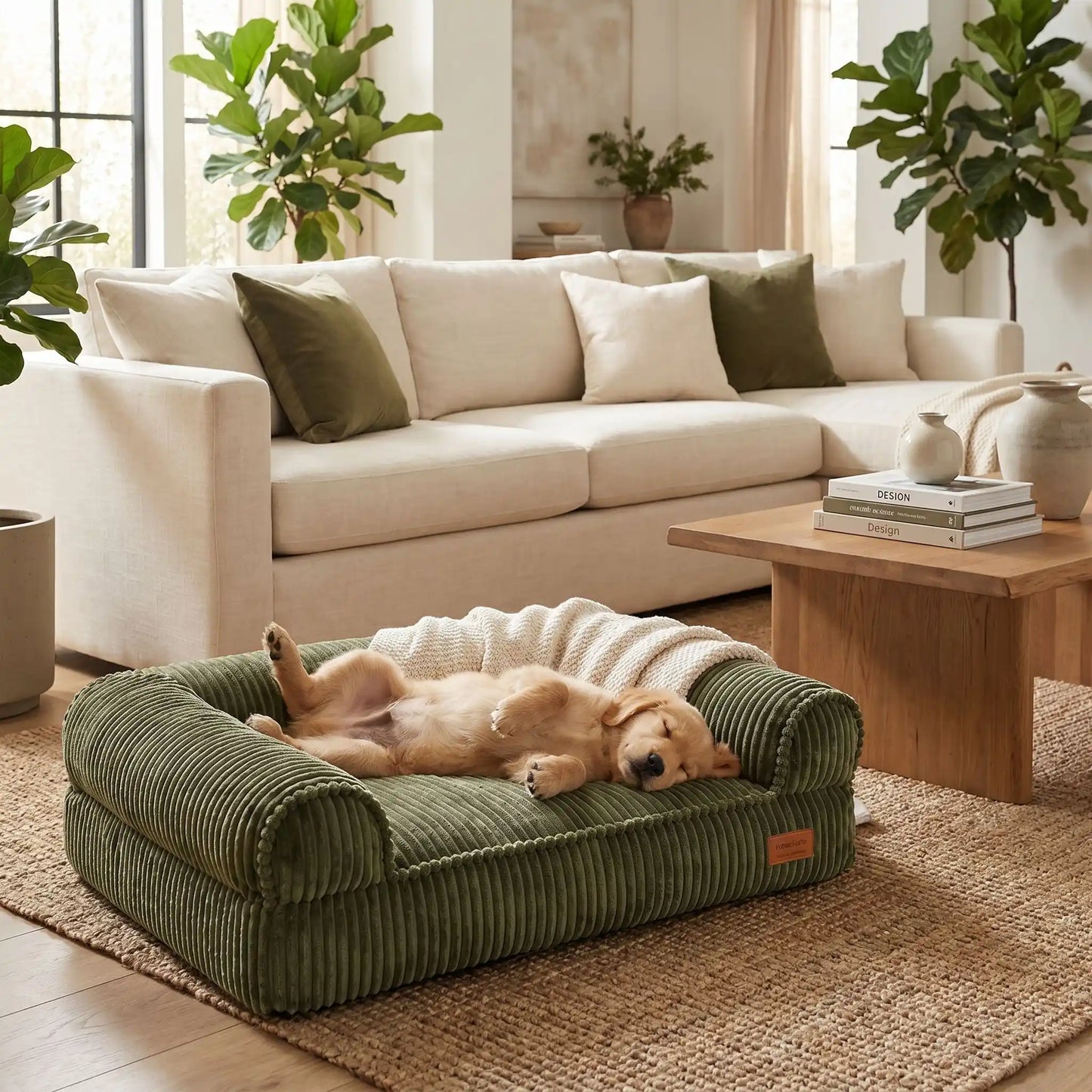 Canapé-petit-chien-chiot-lit avec housse velours résistant aux griffes, ultra doux, entièrement déhoussable et lavable en machine, rembourrage 100% coton PP et housse 100% imperméable avec son fond antidérapant pour chiot et chien de petite à moyenne taille de 0 à 15 kilos-un chiot qui dort couché confortablement sur le dos et les pattes en l'air dans son canapé lit ergonomique apaisant en velours doux de couleur vert olive dans le salon lifestyle de l'appartement