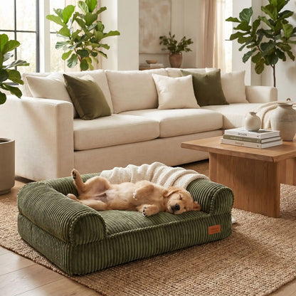 Canapé-petit-chien-chiot-lit avec housse velours résistant aux griffes, ultra doux, entièrement déhoussable et lavable en machine, rembourrage 100% coton PP et housse 100% imperméable avec son fond antidérapant pour chiot et chien de petite à moyenne taille de 0 à 15 kilos-un chiot qui dort couché confortablement sur le dos et les pattes en l'air dans son canapé lit ergonomique apaisant en velours doux de couleur vert olive dans le salon lifestyle de l'appartement