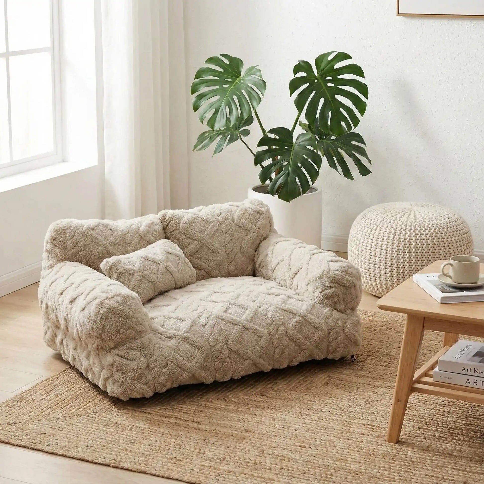 Canape-chien-déhoussable-avec-accoudoirs et oreiller-rembourrage 100% coton haute densité lavable en machine-design laine tricot, antidérapant et imperméable pour chien de petite à moyenne taille-chaud et anti affaissement-design bohême chic de couleur beige