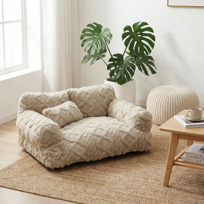 Canape-chien-déhoussable-avec-accoudoirs et oreiller-rembourrage 100% coton haute densité lavable en machine-design laine tricot, antidérapant et imperméable pour chien de petite à moyenne taille-chaud et anti affaissement-design bohême chic de couleur beige