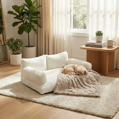 Canape-chien-déhoussable-avec-accoudoirs et oreiller-rembourrage 100% coton haute densité lavable en machine-design laine tricot, antidérapant et imperméable pour chien de petite à moyenne taille-résistant aux griffes et morsure haute résilience et ergonomique pour petit et chien moyen