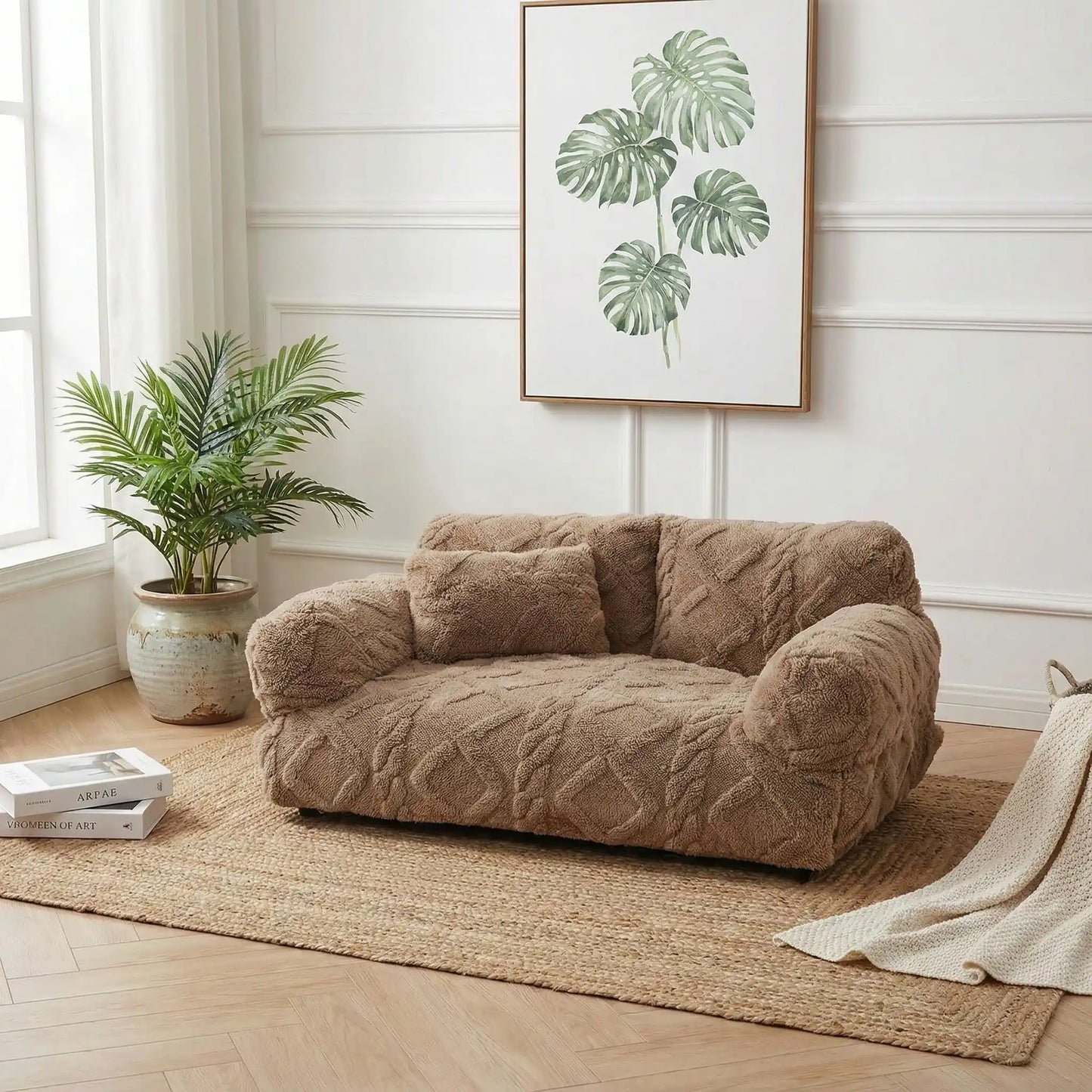 Canape-chien-déhoussable-avec-accoudoirs et oreiller-rembourrage 100% coton haute densité lavable en machine-design laine tricot, antidérapant et imperméable pour chien de petite à moyenne taille-chaud et anti affaissement-de couleur marron et design bohême chic façon tricot