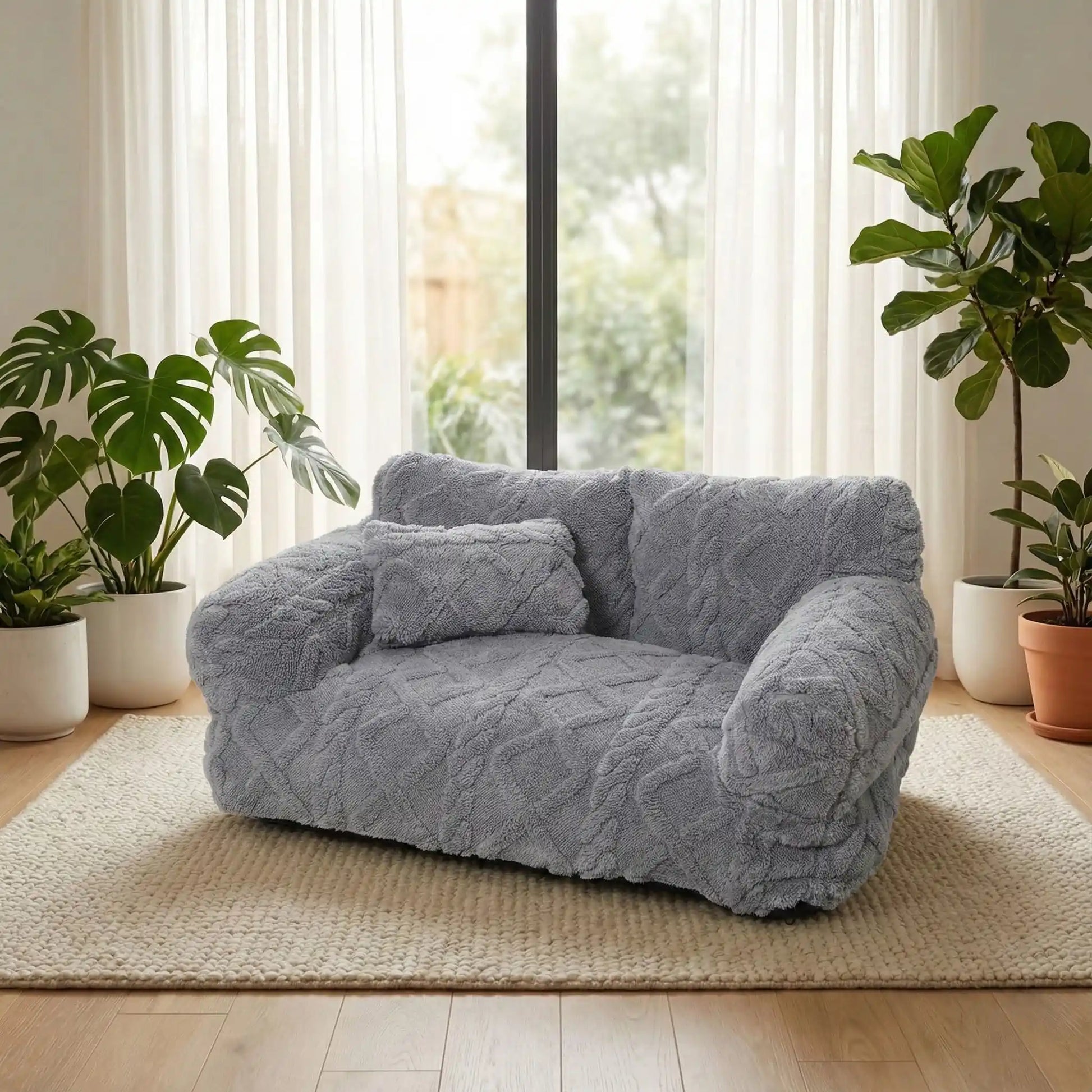 Canape-chien-déhoussable-avec-accoudoirs et oreiller-rembourrage 100% coton haute densité lavable en machine-design laine tricot, antidérapant et imperméable pour chien de petite à moyenne taille-chaud et anti affaissement-design bohême chic de couleur gris