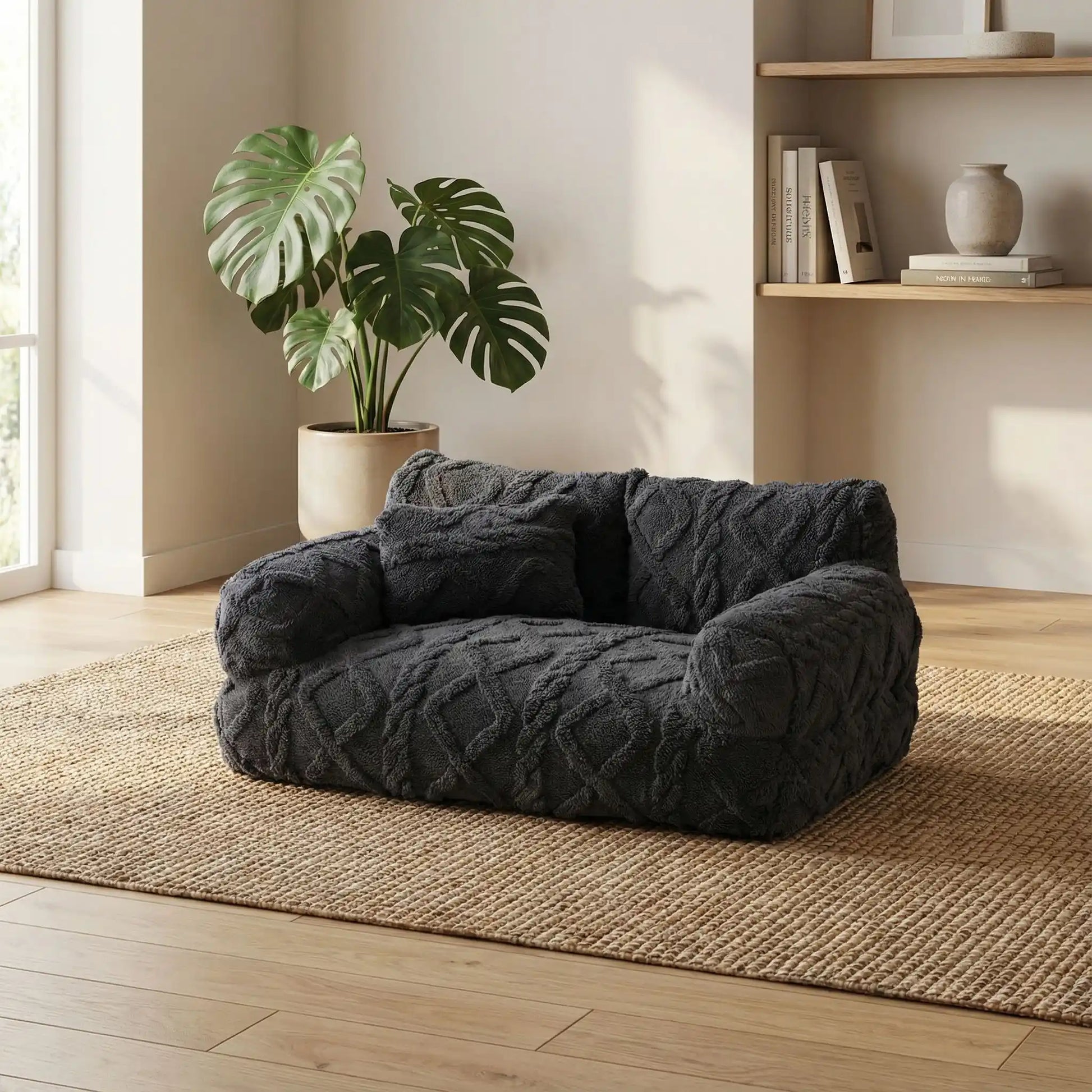 Canape-chien-déhoussable-avec-accoudoirs et oreiller-rembourrage 100% coton haute densité lavable en machine-design laine tricot, antidérapant et imperméable pour chien de petite à moyenne taille-chaud et anti affaissement-design bohême chic de couleur noir avec coutures soignées et artisanales