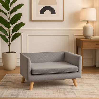 Canapé-chien-avec-coussin amovible épais et rembourré de mousse 100% coton haute densité déhoussable et lavable en machine-structure en bois avec pieds en bois de bouleau massif solide et robuste-anti affaissement-au design scandinave et moderne de couleur gris pour chien toy et de petite taille jusqu'à 7 kg max
