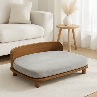 Canapé-chien-imperméable-structure en bois naturel robuste-sur pied antidérapant-coussin amovible déhoussable lavable en machine rembourrage 100% coton haute densité -épais et confortable-design vintage pour petit à chien de moyenne taille-écoresponsable-garanti 100% naturel et éco-friendly-coussin d'assise de couleur gris-structure de bois de hêtre et de frêle massif marron foncé-design arrondi vintage