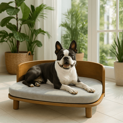 Canapé-chien-imperméable-structure en bois naturel robuste-sur pied antidérapant-coussin amovible déhoussable lavable en machine rembourrage 100% coton haute densité -épais et confortable-design vintage pour petit à chien de moyenne taille-écoresponsable-garanti 100% naturel et éco-friendly-un chien de taille moyenne couché confortablement sur son canapé lit surélevé en bois design vintage dans la véranda de la maison