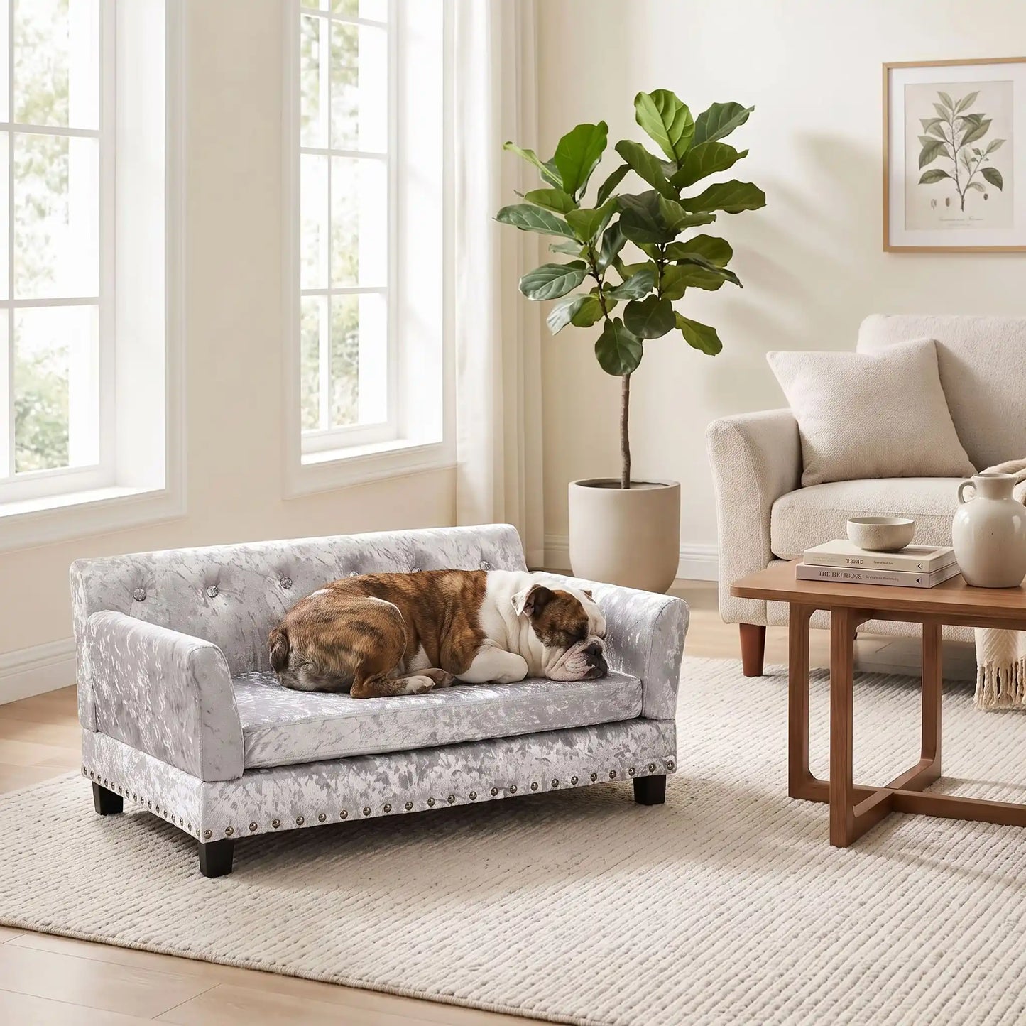 Canapé pour chien xl de 96 cm-matelas orthopédique à mémoire de forme en coton PP épais déhoussable, 100% imperméable et résistant aux griffes en velours doux sur 4 pieds en bois et structure robuste en bois d'eucalyptus robuste avec une capacité de charge de 80 kg pour chien de toute races jusqu'à 35kg de couleur gris- un gros chien qui dort paisiblement sur le canapé design en bois avec accoudoir et matelassé avec matelas amovible orthopédique déhoussable et lavable dans le salon de l'appartement