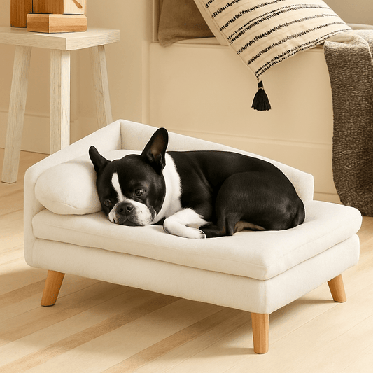 Canape-lit-chien-bois-naturel-un boston terrier qui dort niché contre les rebords surélevés en L du petit canapé lit blanc avec oreiller et matelas 100% coton PP déhoussable et lavableen machine